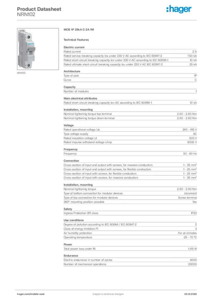 Image Hager Product data sheet NRN102  | Hager