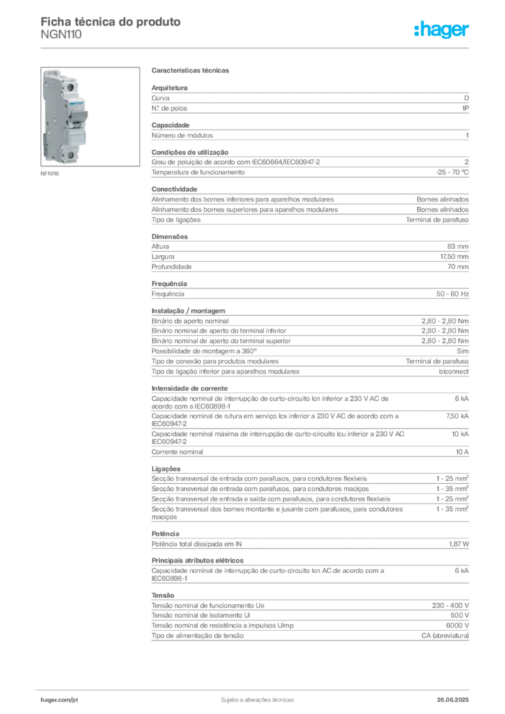 Imagem Hager Ficha técnica do produto NGN110 | Hager Portugal