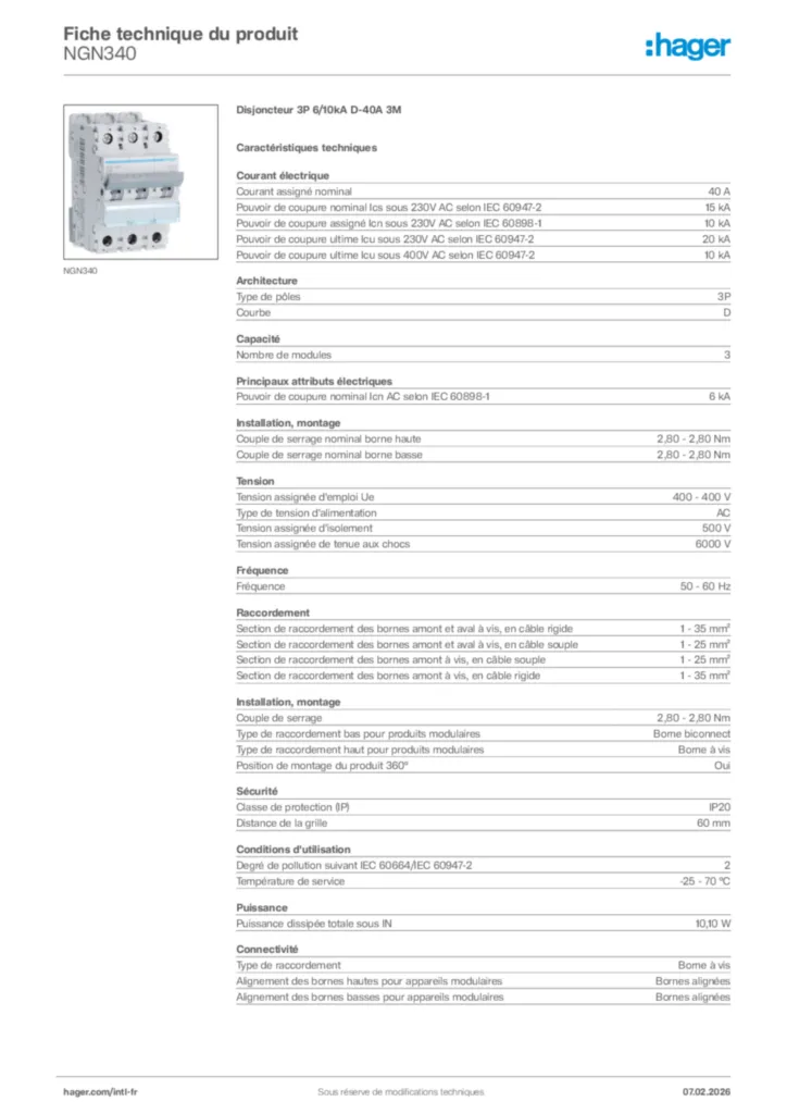 Image Hager Fiche technique du produit NGN340 | Hager Afrique