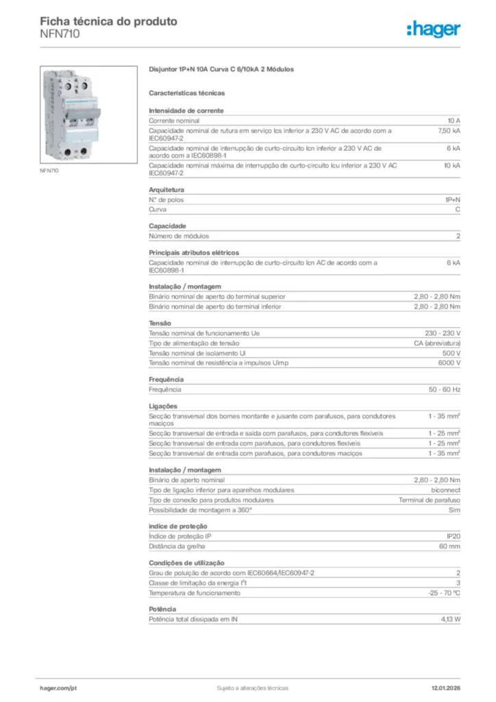 Imagem Hager Ficha técnica do produto NFN710 | Hager Portugal
