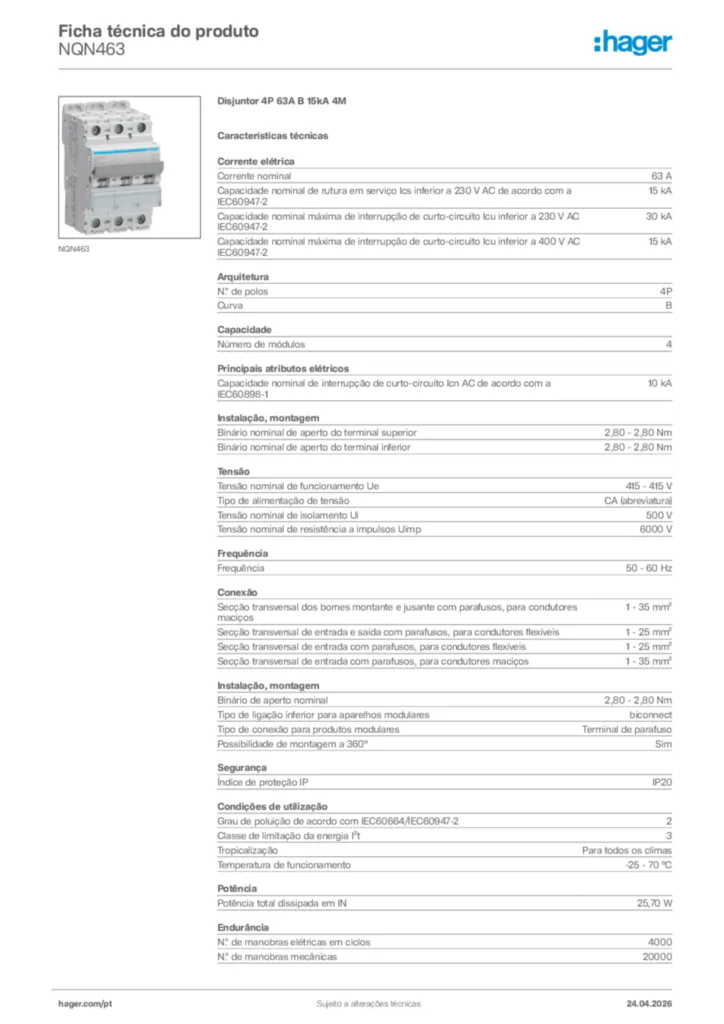 Imagem Hager Ficha técnica do produto NQN463 | Hager Portugal