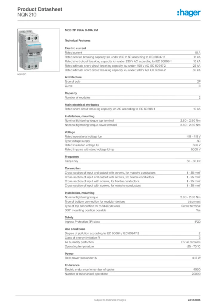 Image Hager Product data sheet NQN210  | Hager Africa