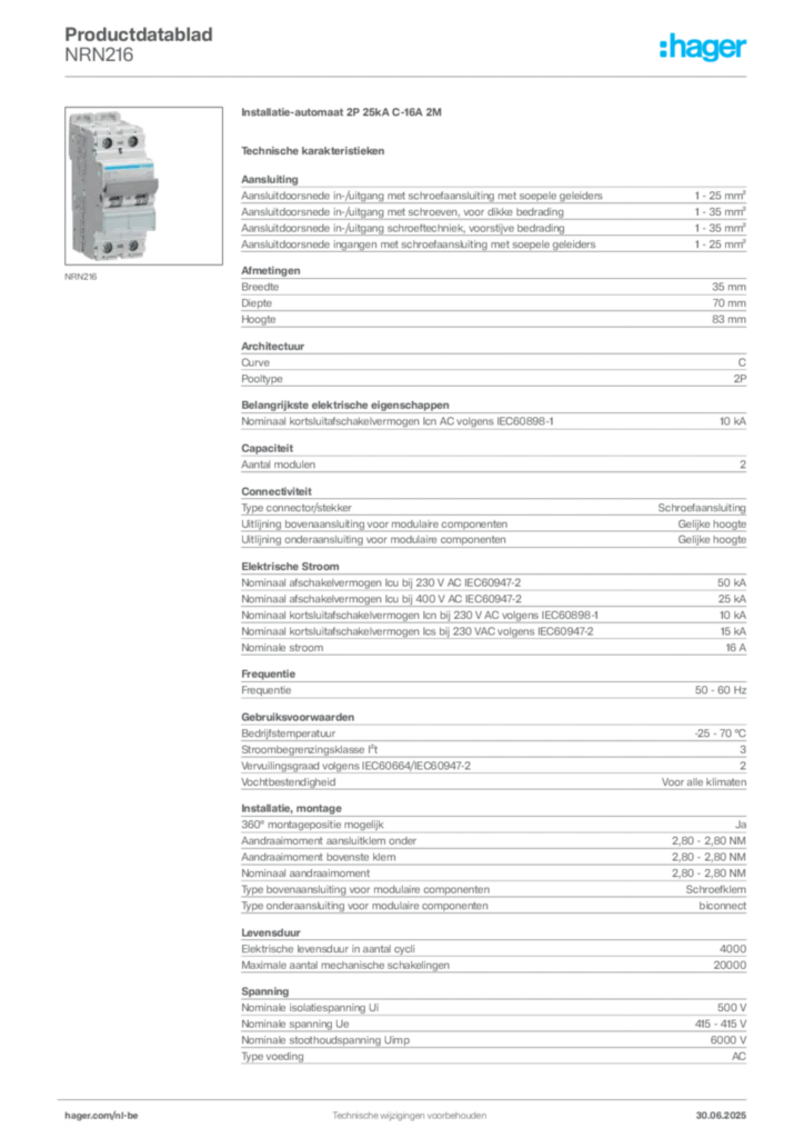 Afbeelding Hager Productdatablad NRN216 | Hager Belgium