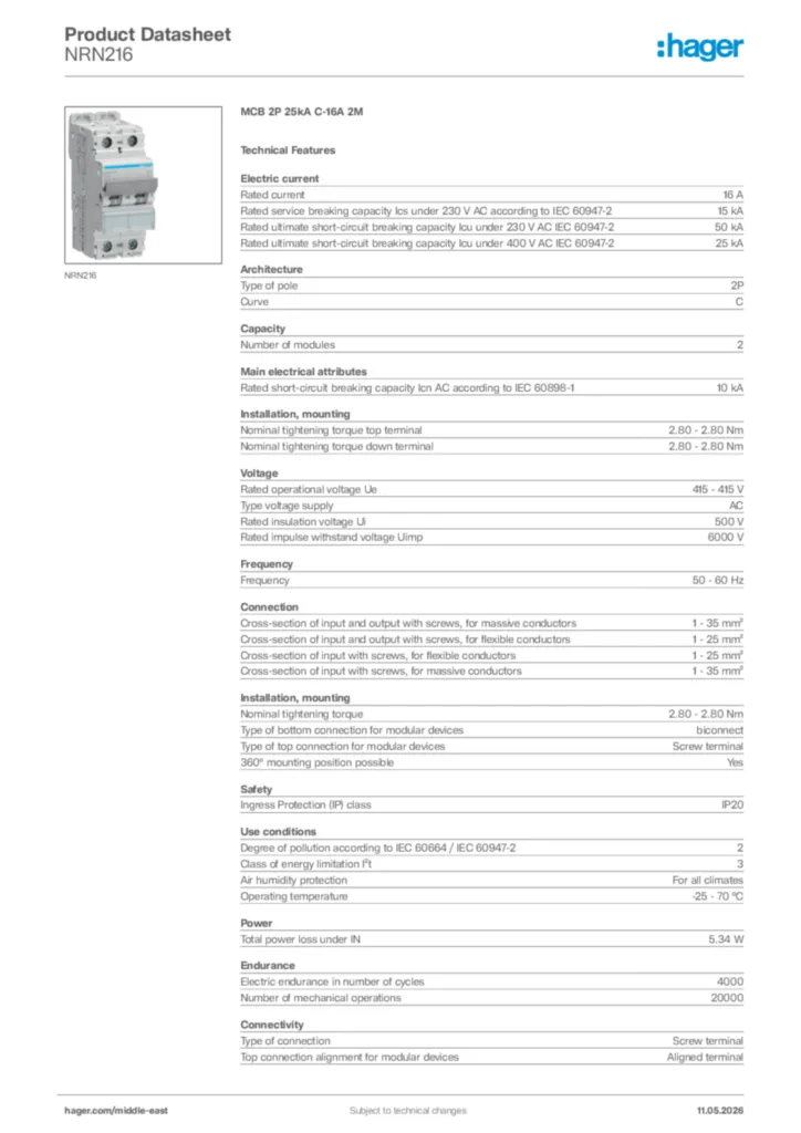 Image Hager Product data sheet NRN216  | Hager
