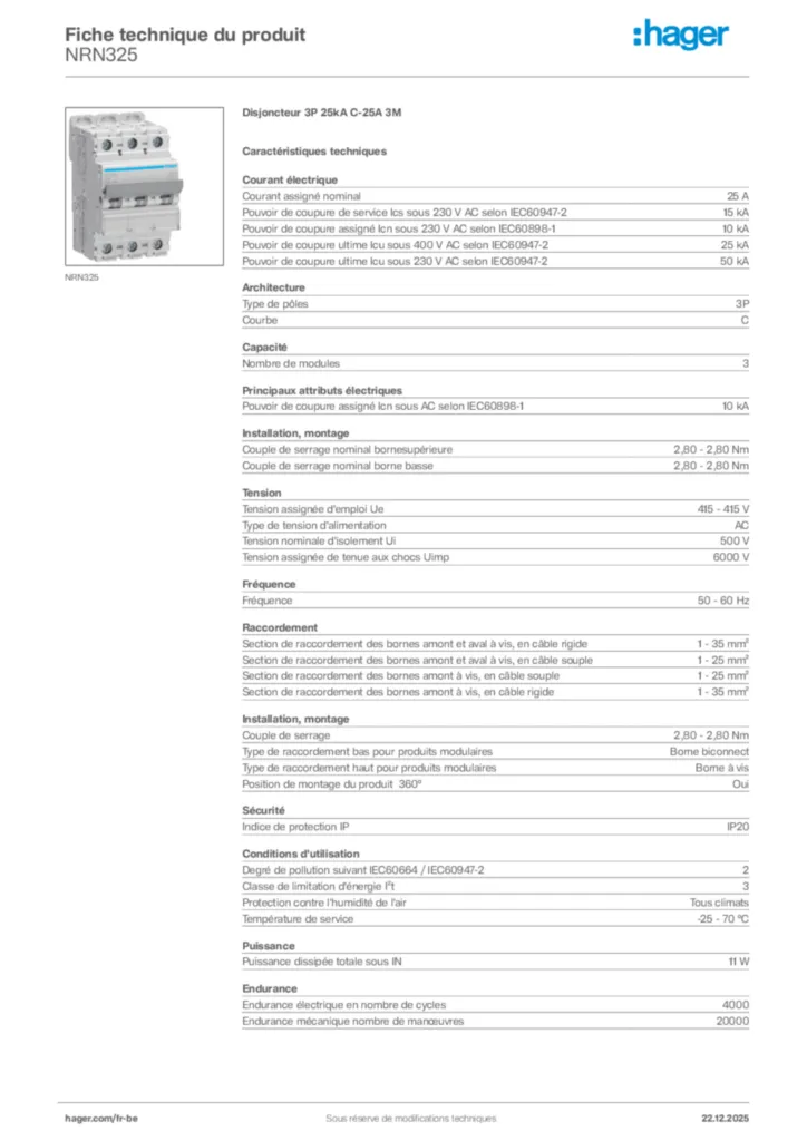 Image Hager Fiche technique du produit NRN325 | Hager Belgique