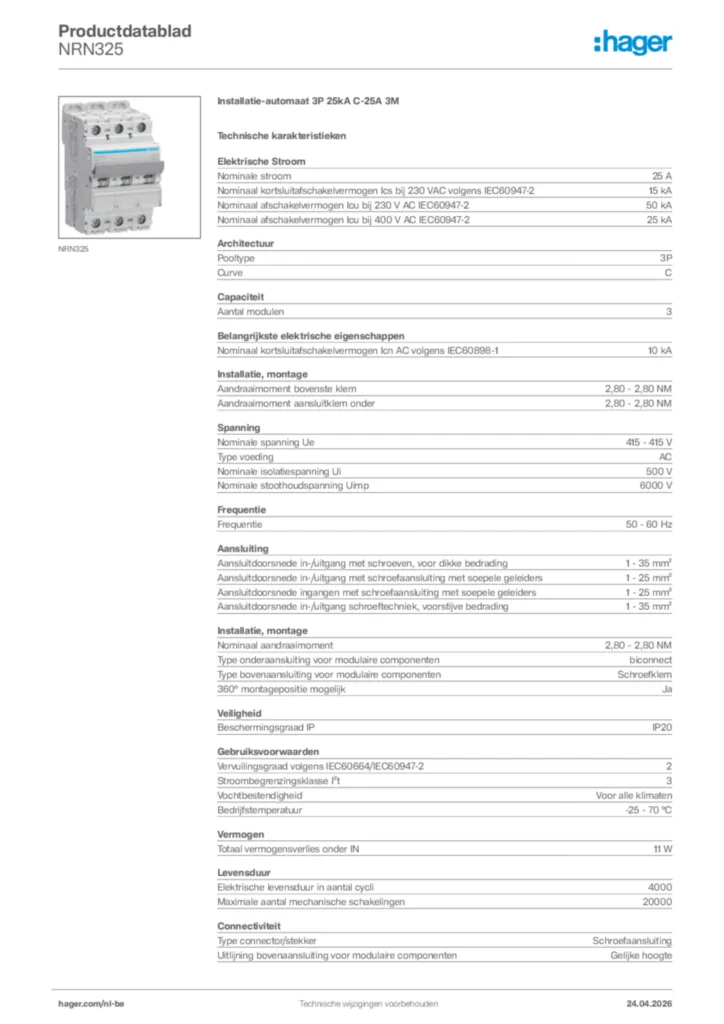 Afbeelding Hager Productdatablad NRN325 | Hager Belgium