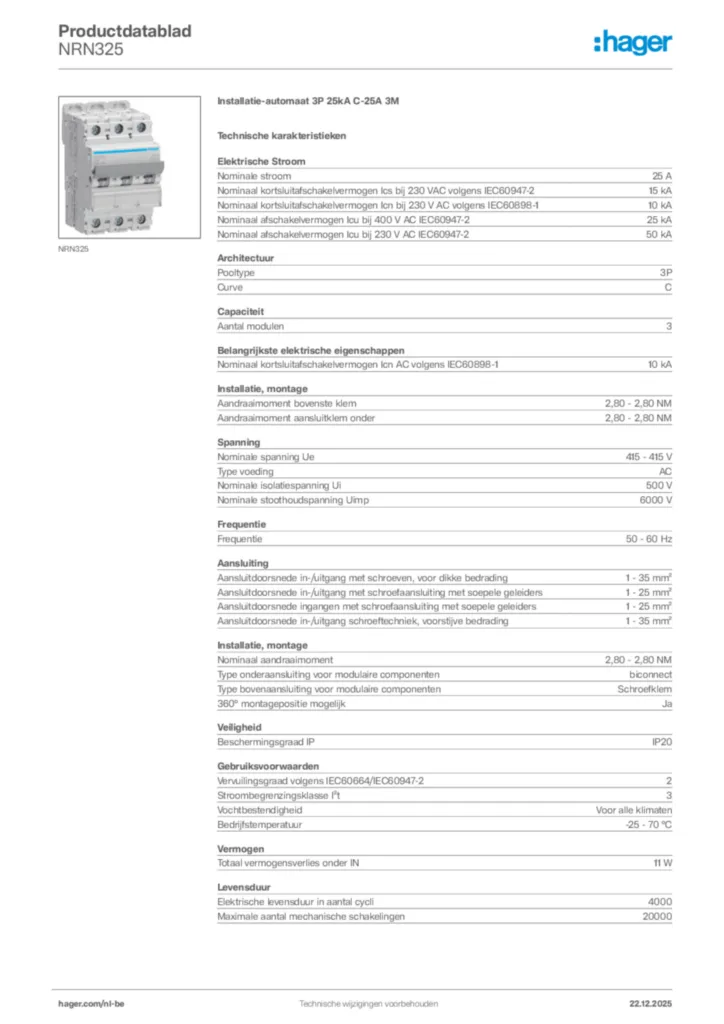 Afbeelding Hager Productdatablad NRN325 | Hager Belgium