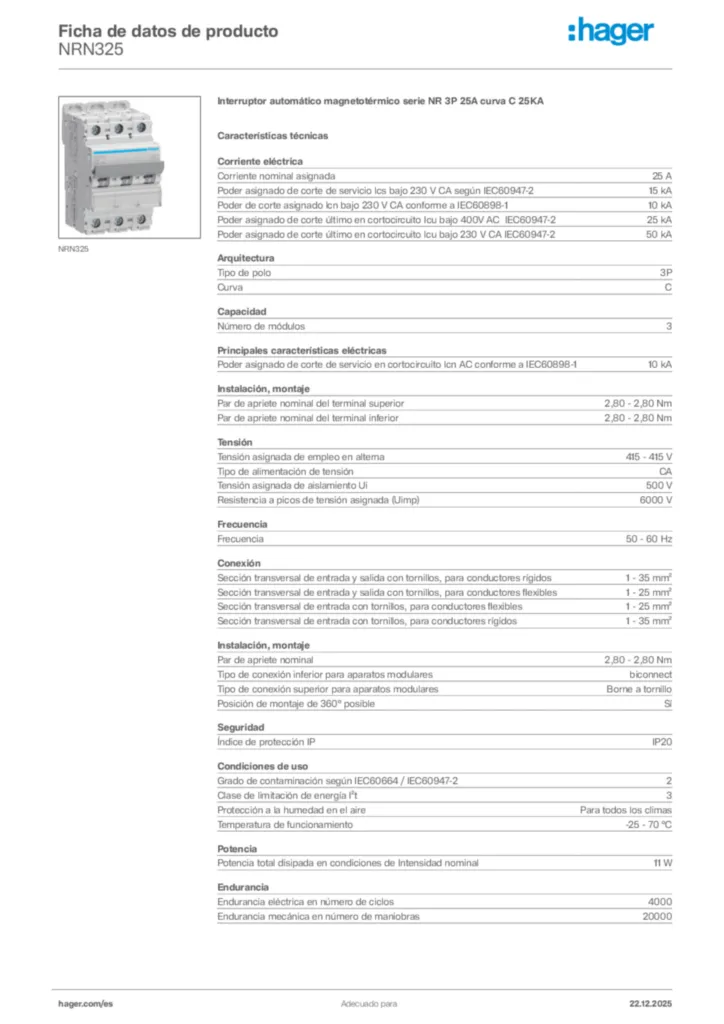 Imagen Hager Ficha de datos de producto NRN325 | Hager España