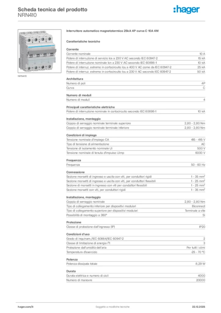 Immagine Hager Scheda tecnica del prodotto NRN410 | Hager Italia