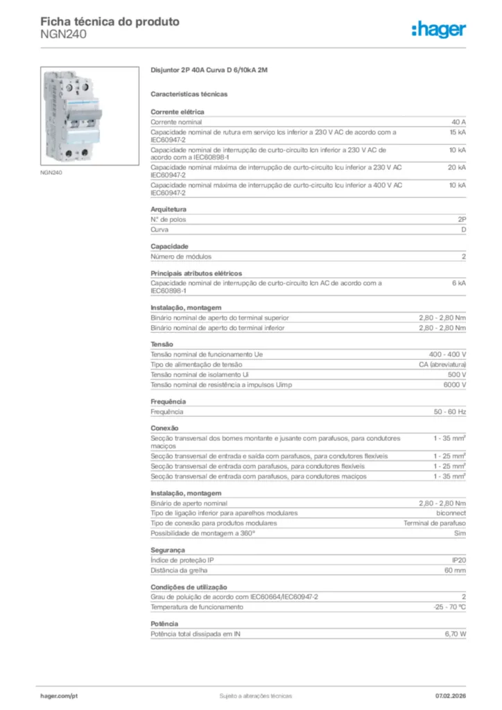 Imagem Hager Ficha técnica do produto NGN240 | Hager Portugal