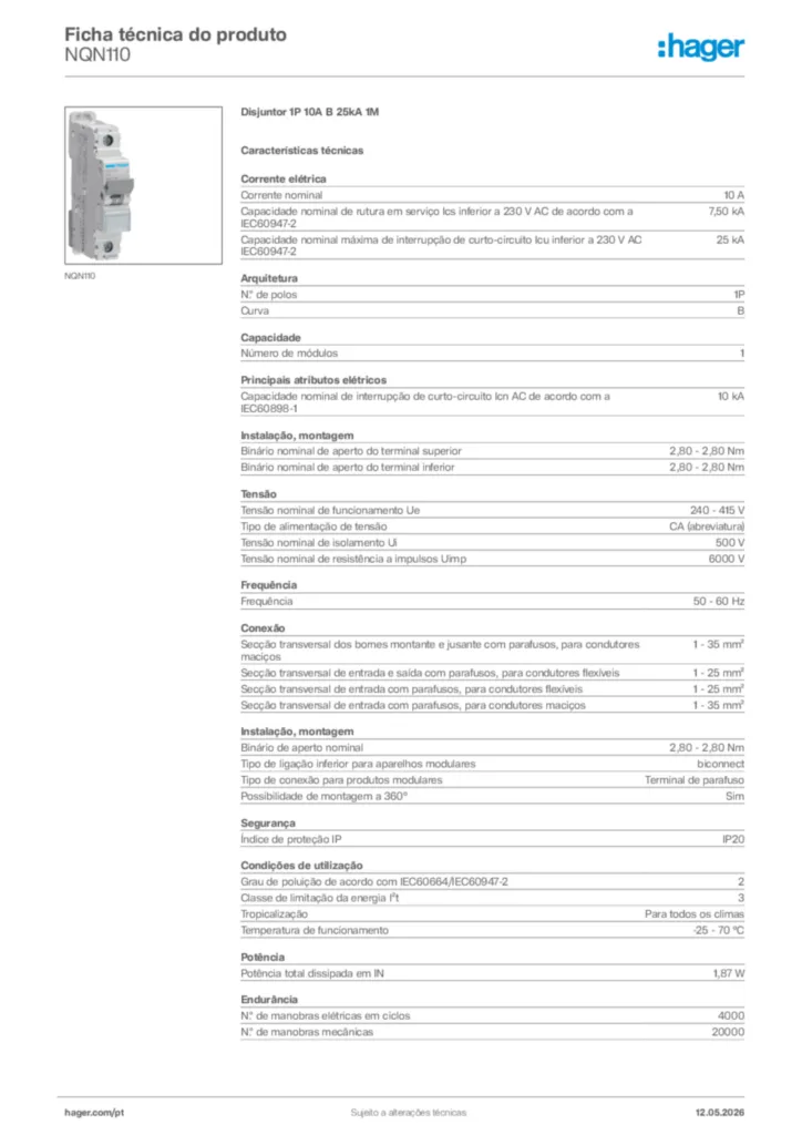 Imagem Hager Ficha técnica do produto NQN110 | Hager Portugal