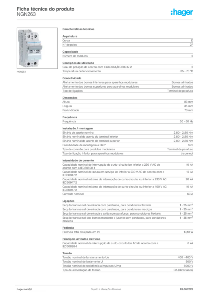 Imagem Hager Ficha técnica do produto NGN263 | Hager Portugal