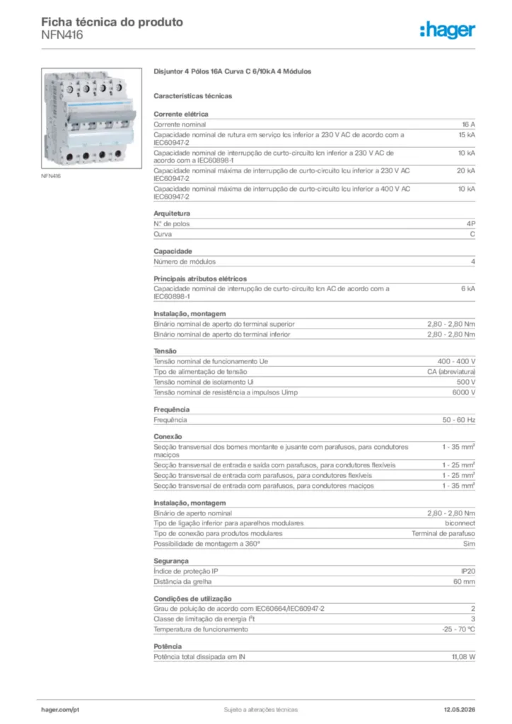 Imagem Hager Ficha técnica do produto NFN416 | Hager Portugal