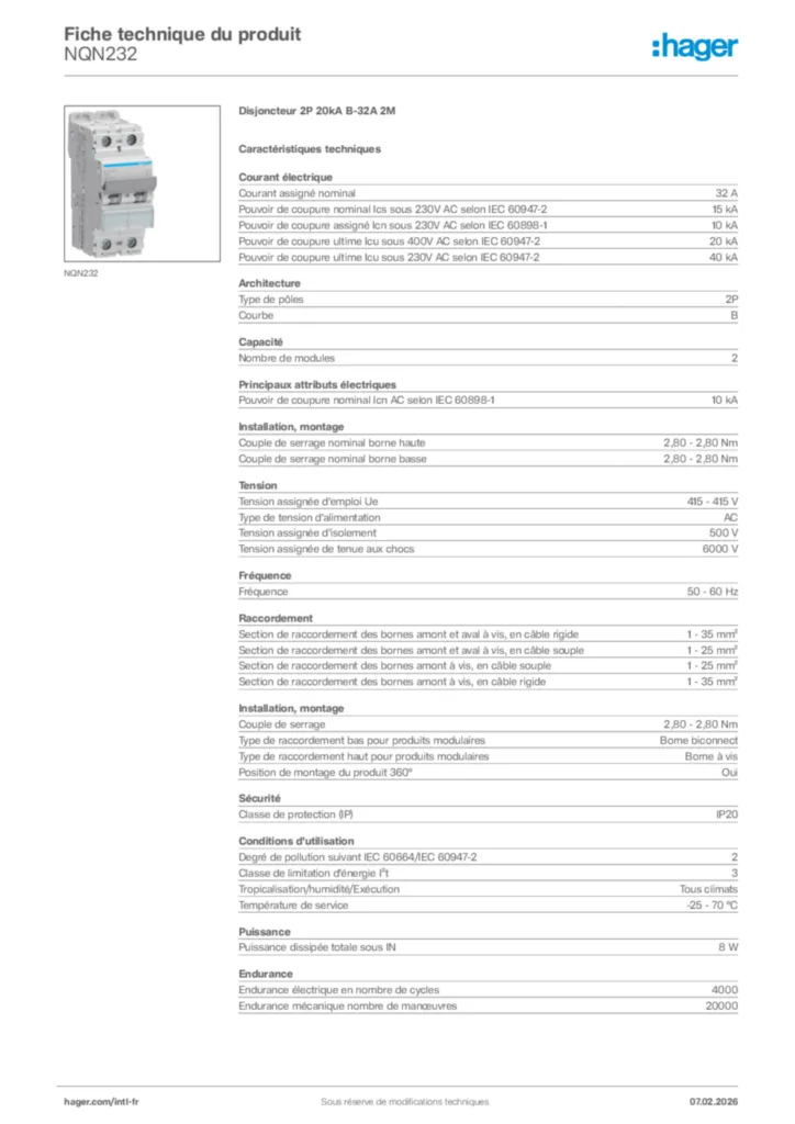 Image Hager Fiche technique du produit NQN232 | Hager Afrique