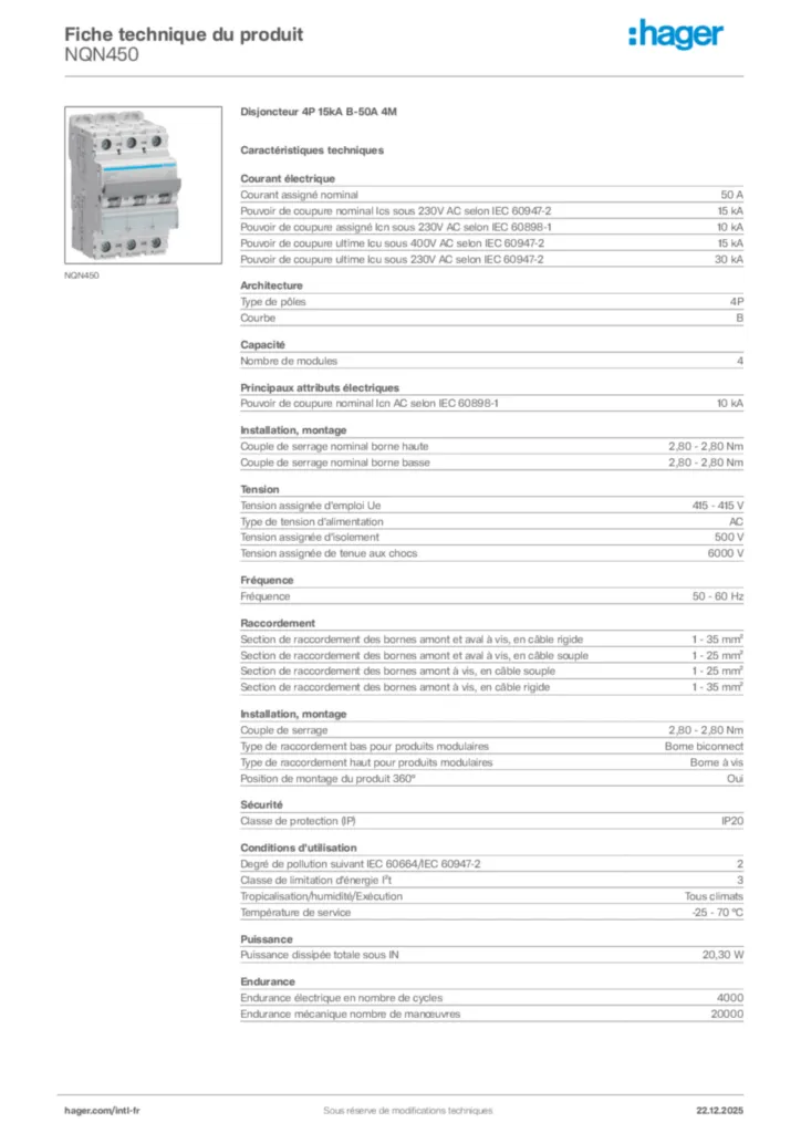 Image Hager Fiche technique du produit NQN450 | Hager Afrique