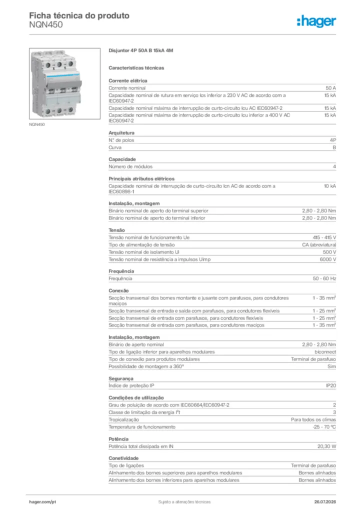 Imagem Hager Ficha técnica do produto NQN450 | Hager Portugal