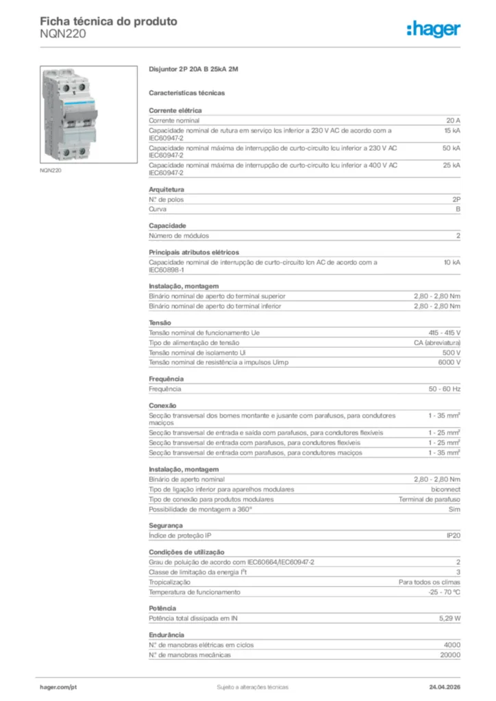 Imagem Hager Ficha técnica do produto NQN220 | Hager Portugal