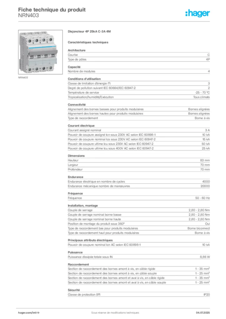 Image Hager Fiche technique du produit NRN403 | Hager Afrique