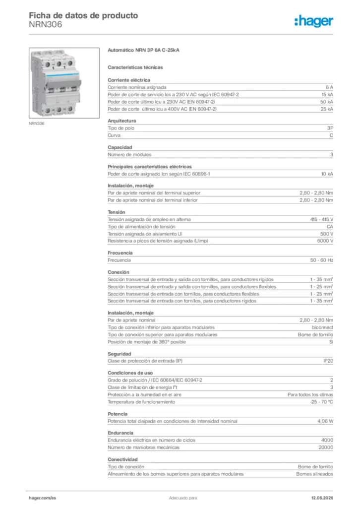 Imagen Hager Ficha de datos de producto NRN306 | Hager España
