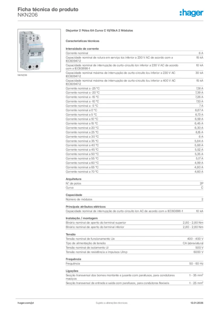 Imagem Hager Ficha técnica do produto NKN206 | Hager Portugal