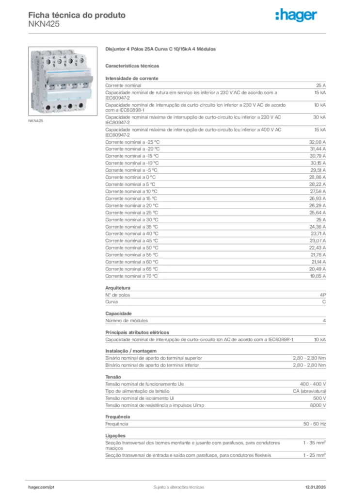 Imagem Hager Ficha técnica do produto NKN425 | Hager Portugal
