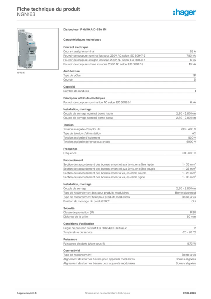 Image Hager Fiche technique du produit NGN163 | Hager Afrique