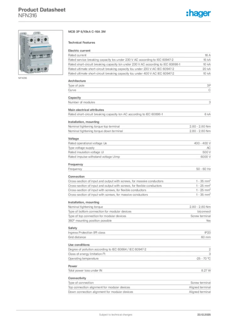 Image Hager Product data sheet NFN316  | Hager Africa
