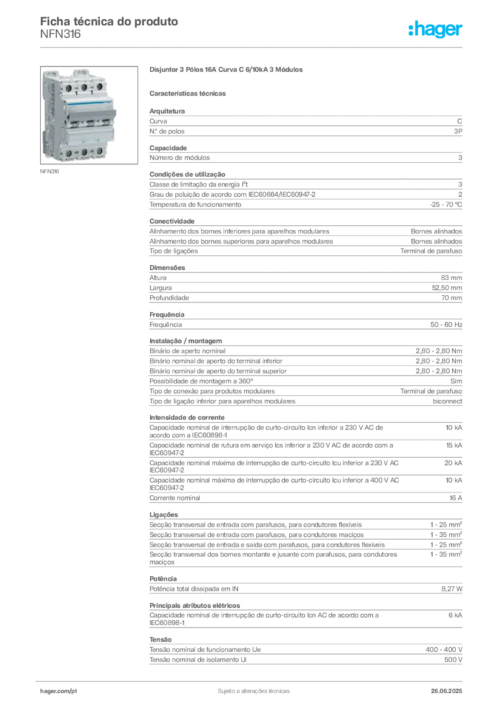 Imagem Hager Ficha técnica do produto NFN316 | Hager Portugal