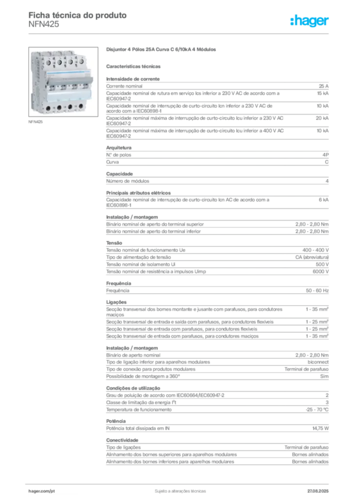 Imagem Hager Ficha técnica do produto NFN425 | Hager Portugal