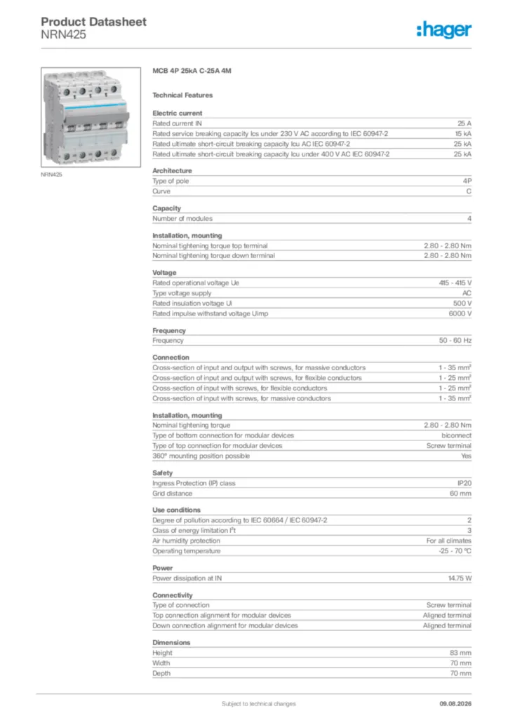 Image Hager Product data sheet NRN425  | Hager Africa