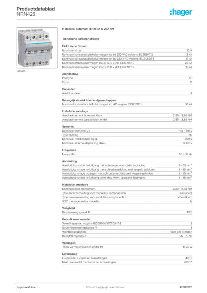 Afbeelding Hager Productdatablad NRN425 | Hager Belgium