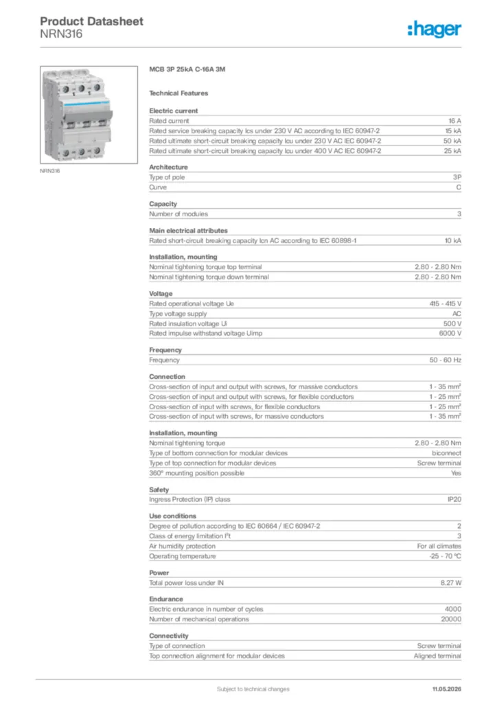 Image Hager Product data sheet NRN316  | Hager Africa