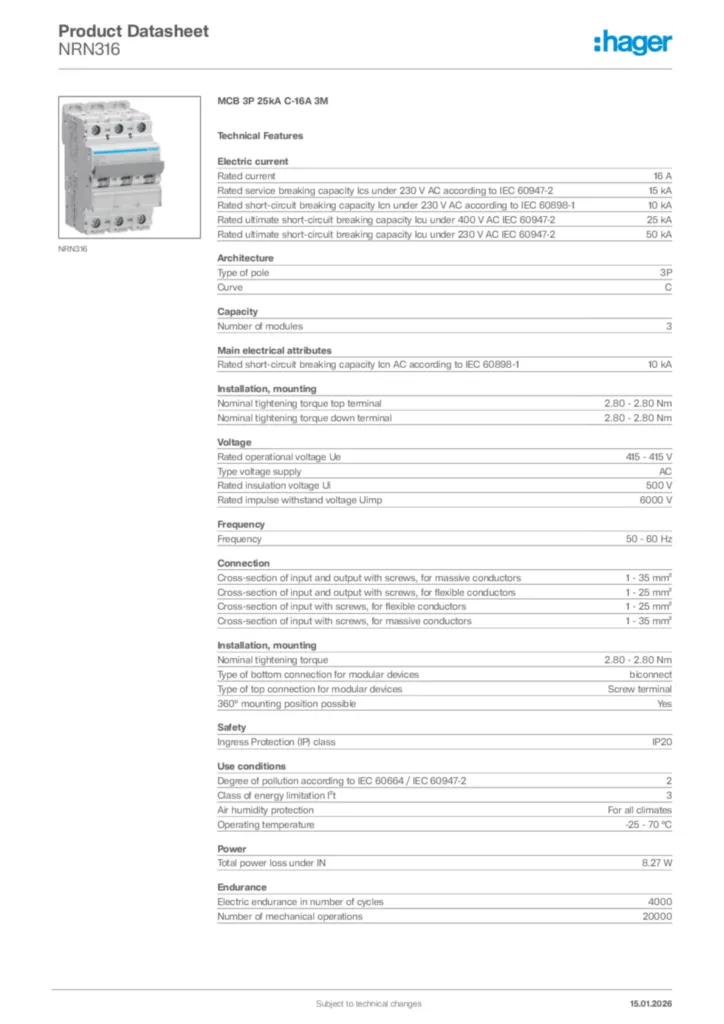 Image Hager Product data sheet NRN316  | Hager Africa