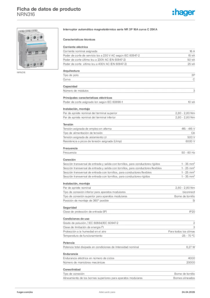 Imagen Hager Ficha de datos de producto NRN316 | Hager España