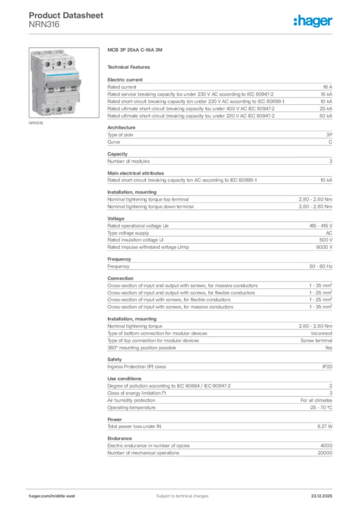 Image Hager Product data sheet NRN316  | Hager
