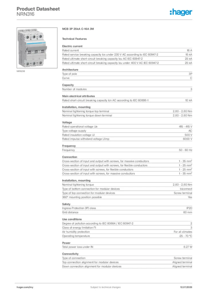 Image Hager Product data sheet NRN316  | Hager