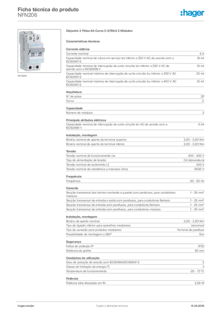 Imagem Hager Ficha técnica do produto NFN206 | Hager Portugal