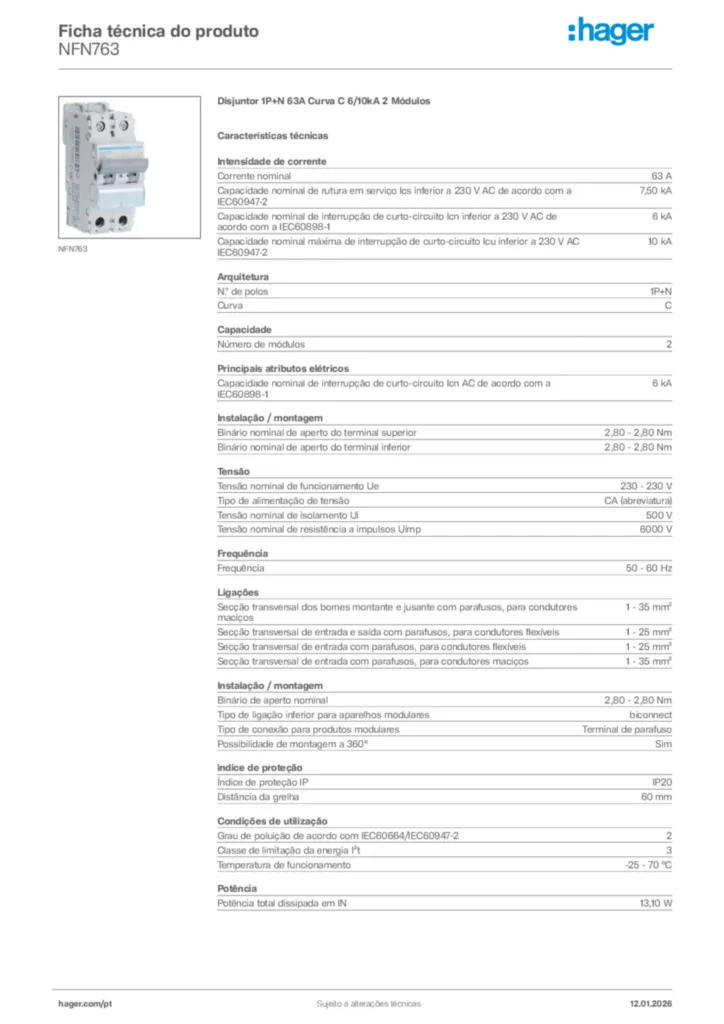 Imagem Hager Ficha técnica do produto NFN763 | Hager Portugal