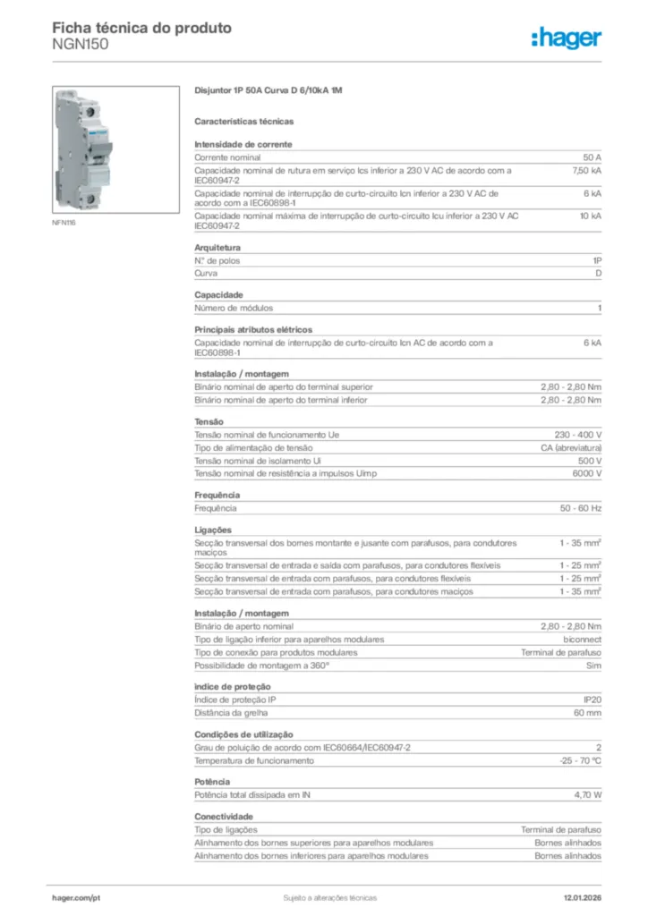 Imagem Hager Ficha técnica do produto NGN150 | Hager Portugal