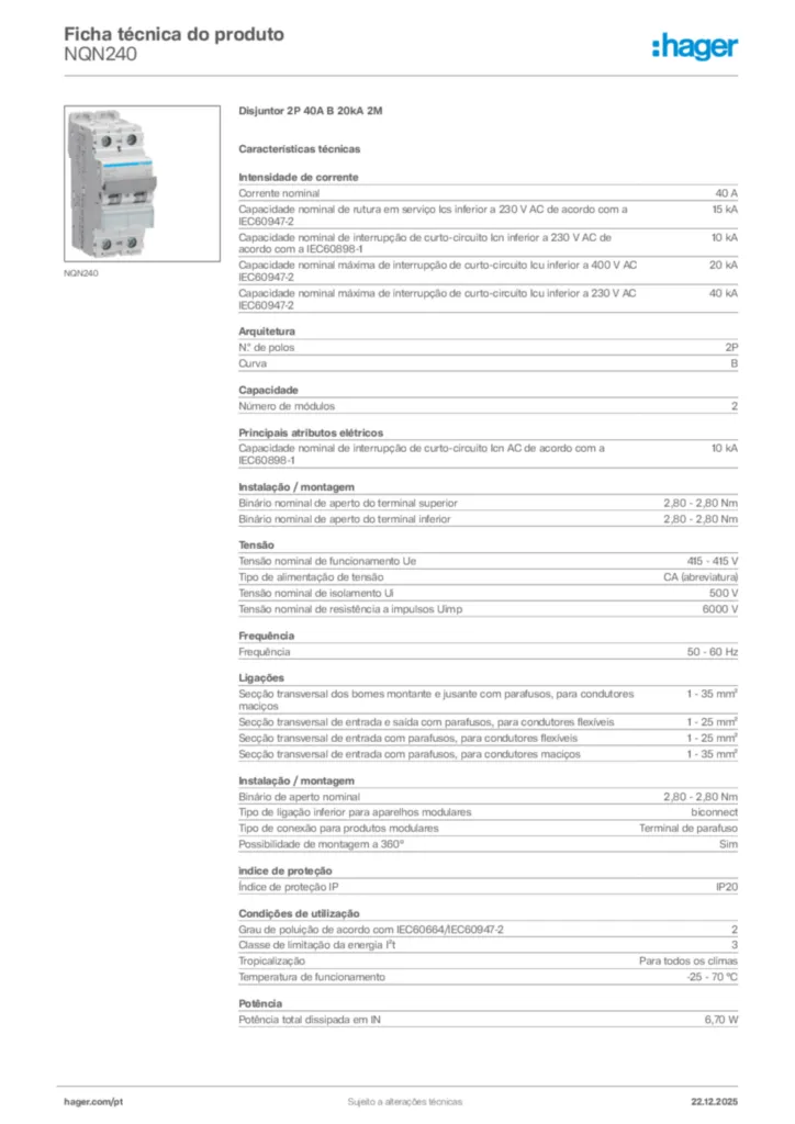 Imagem Hager Ficha técnica do produto NQN240 | Hager Portugal