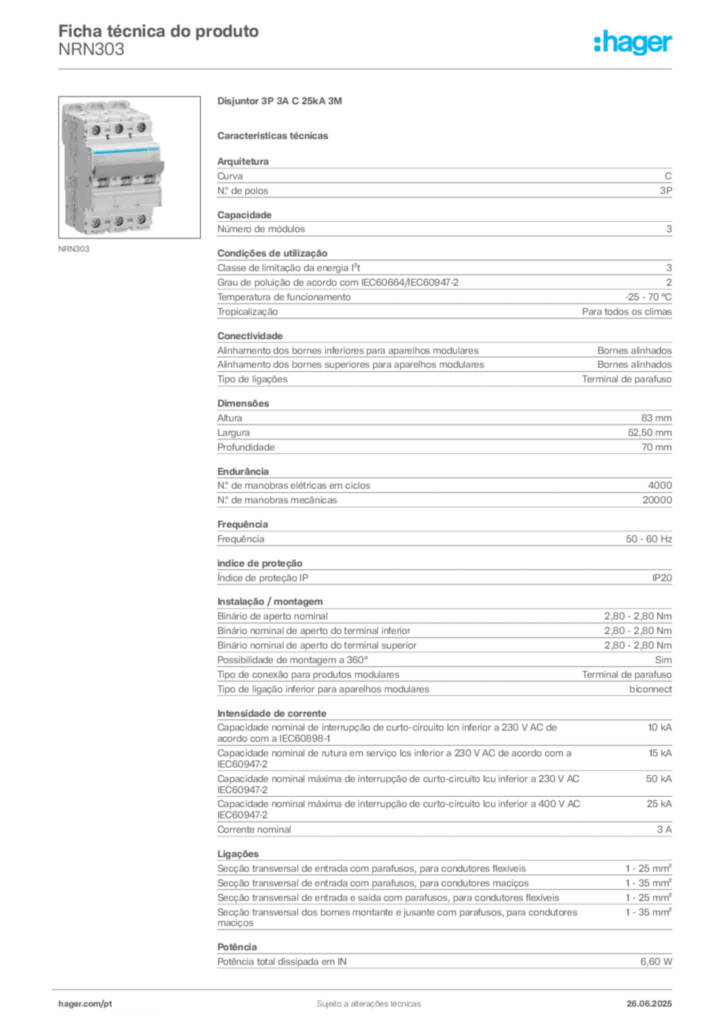 Imagem Hager Ficha técnica do produto NRN303 | Hager Portugal