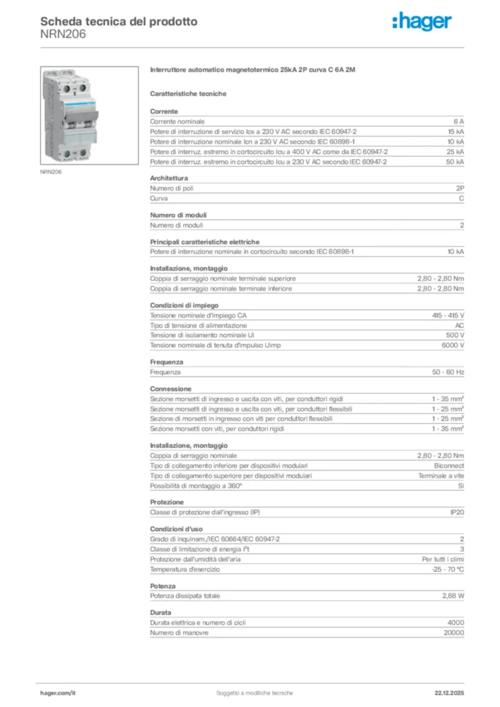 Immagine Hager Scheda tecnica del prodotto NRN206 | Hager Italia