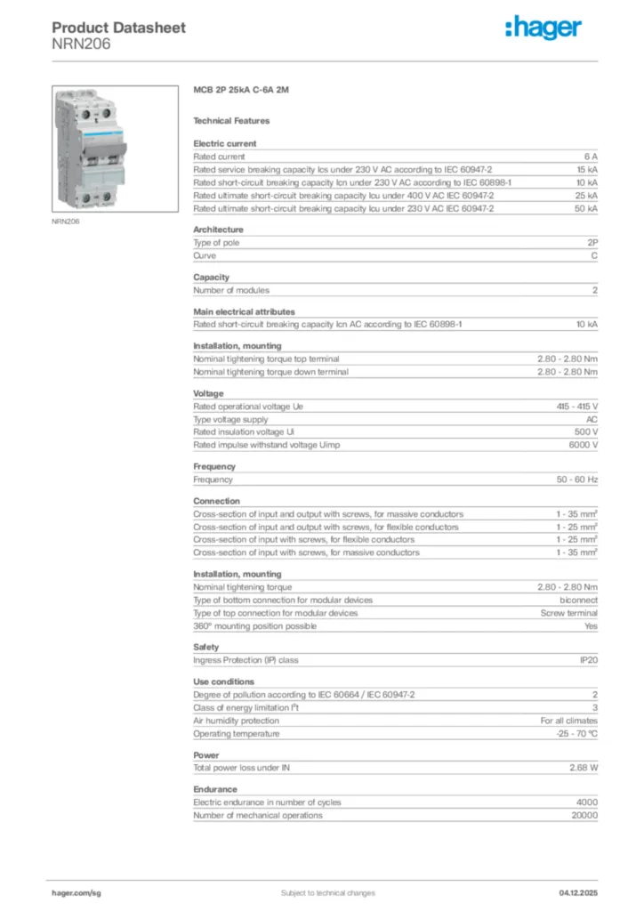 Image Hager Product data sheet NRN206  | Hager