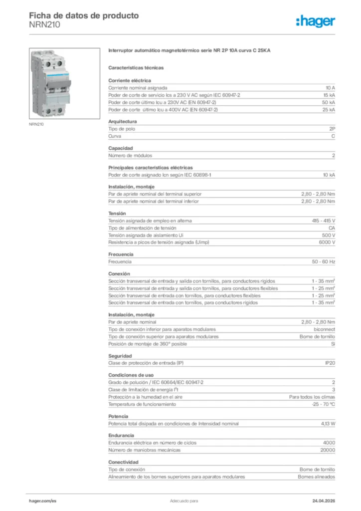 Imagen Hager Ficha de datos de producto NRN210 | Hager España