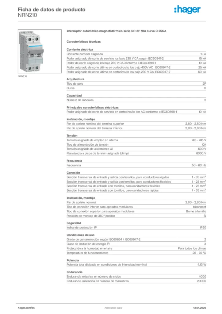 Imagen Hager Ficha de datos de producto NRN210 | Hager España