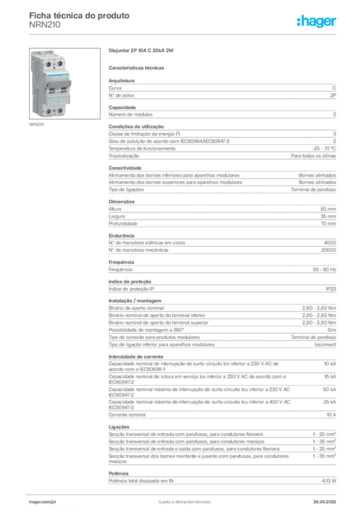 Imagem Hager Ficha técnica do produto NRN210 | Hager Portugal