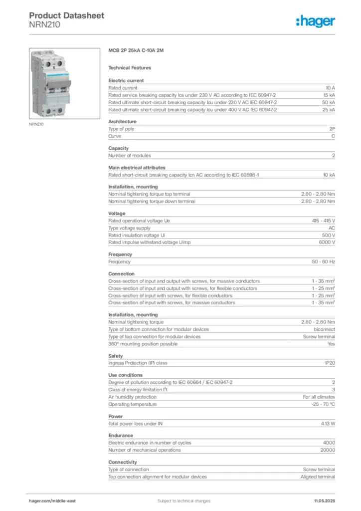 Image Hager Product data sheet NRN210  | Hager