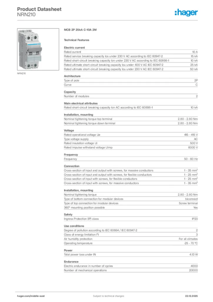 Image Hager Product data sheet NRN210  | Hager