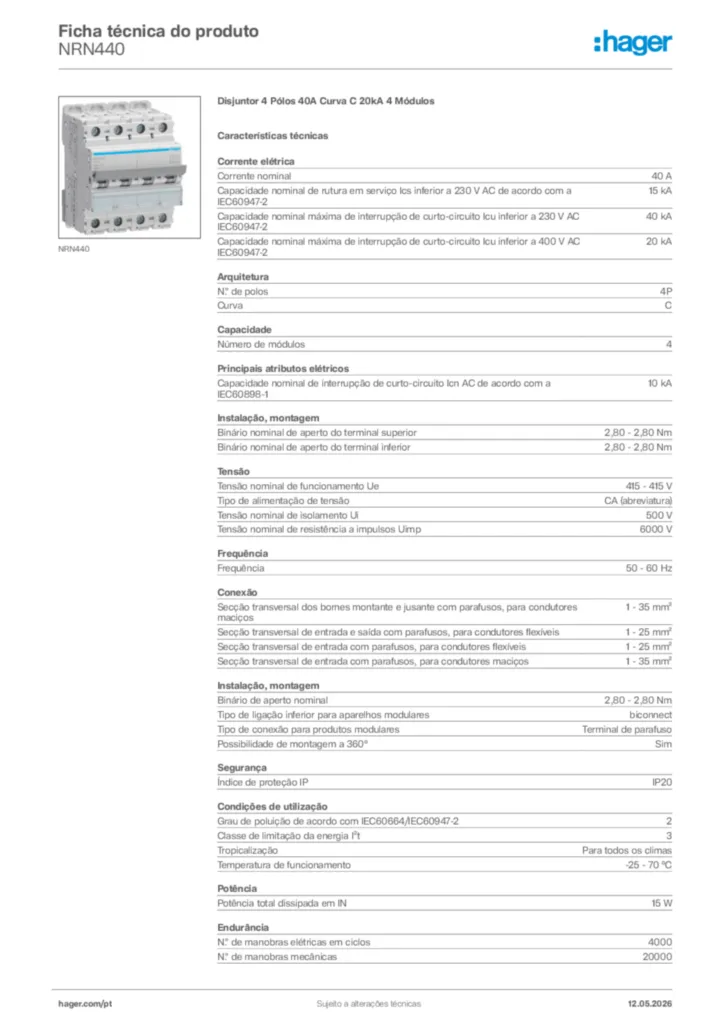 Imagem Hager Ficha técnica do produto NRN440 | Hager Portugal