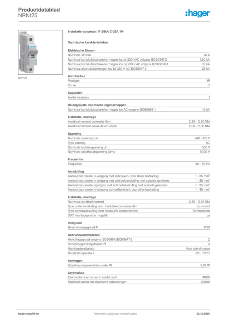Afbeelding Hager Productdatablad NRN125 | Hager Belgium